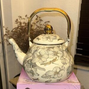 Cream Floral & Dragonfly Ceramic Teapot with Gold Accents
